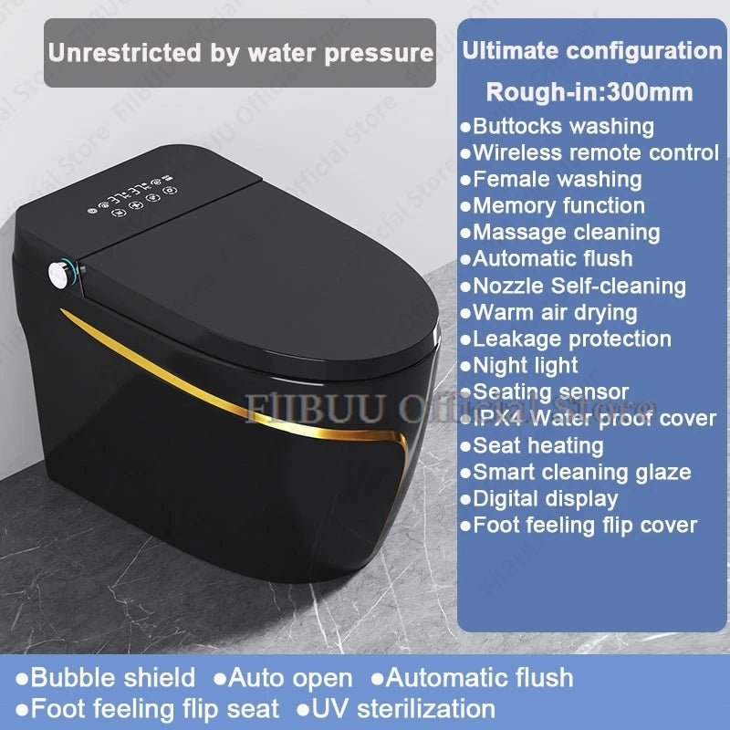 Einteilige, längliche Smart-Toilette mit Bidet, eingebautem Wassertank, wasserdruckunabhängig, Display, AutoOpen, AutoFlush, beheizbarer Sitz