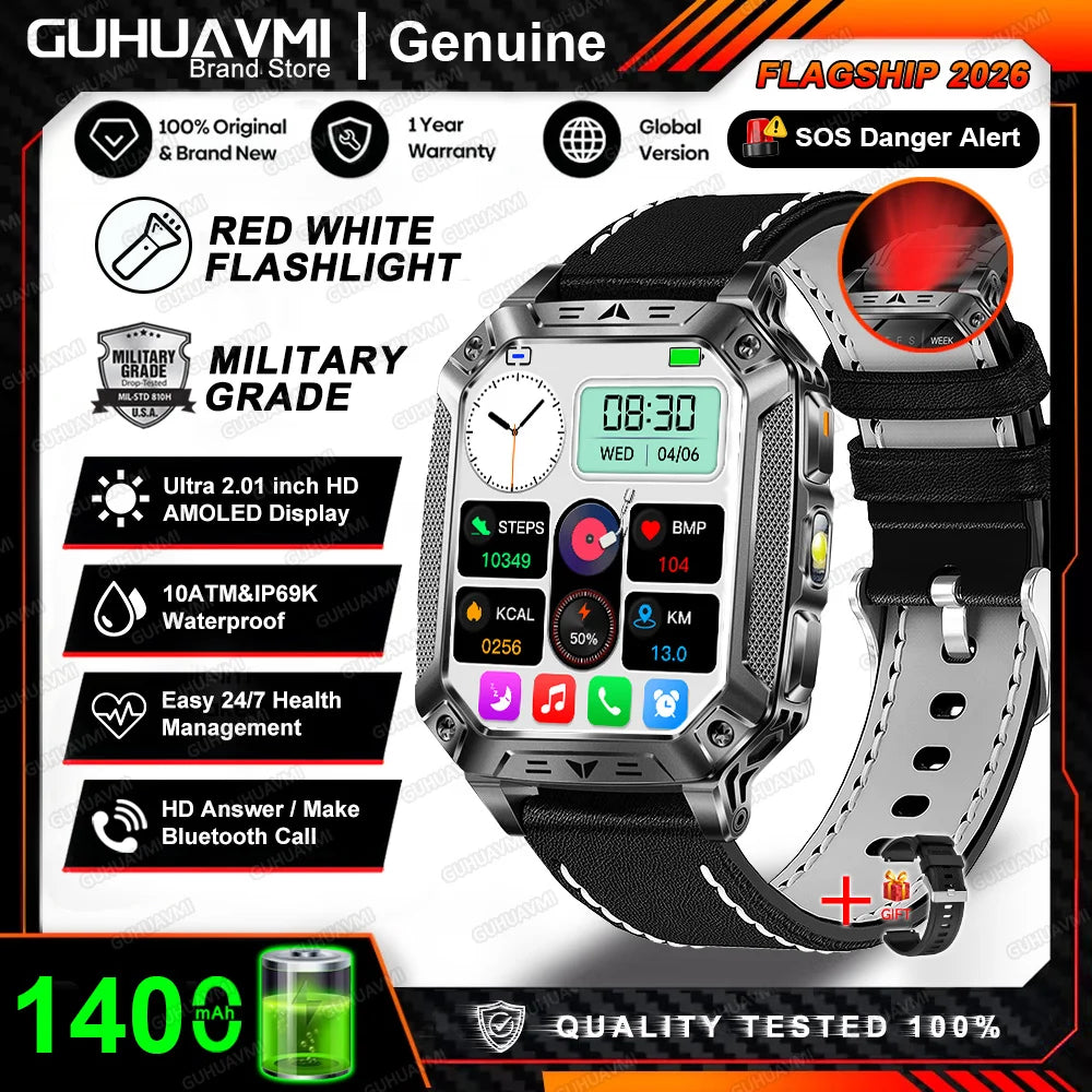 Montre connectée homme 2026 avec batterie ultra-large intégrée de 1400 mAh, GPS extérieur, écran AMOLED de 2,01", étanche 10 ATM, appel BT