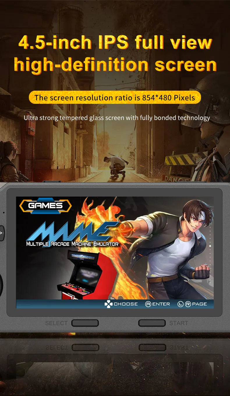 SF3000 handheld game console with a 4.5-inch large screen, supporting e-books, MP4， Music function, built-in 20000+games