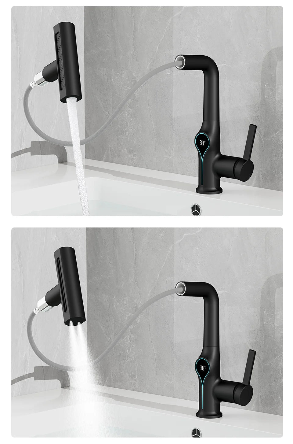 Robinet de lavabo numérique avec affichage de la température Cascade, pulvérisateur à jet relevable haut et bas, mélangeur chaud/froid pour salle de bain