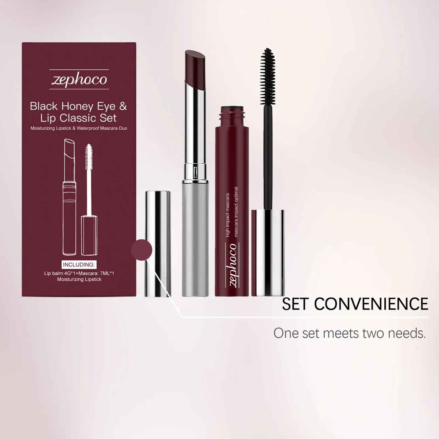 Ensemble de maquillage iconique pour les yeux et les lèvres Black Honey - Mascara volume noir + Rouge à lèvres hydratant brillant, Outils de courbure des cils