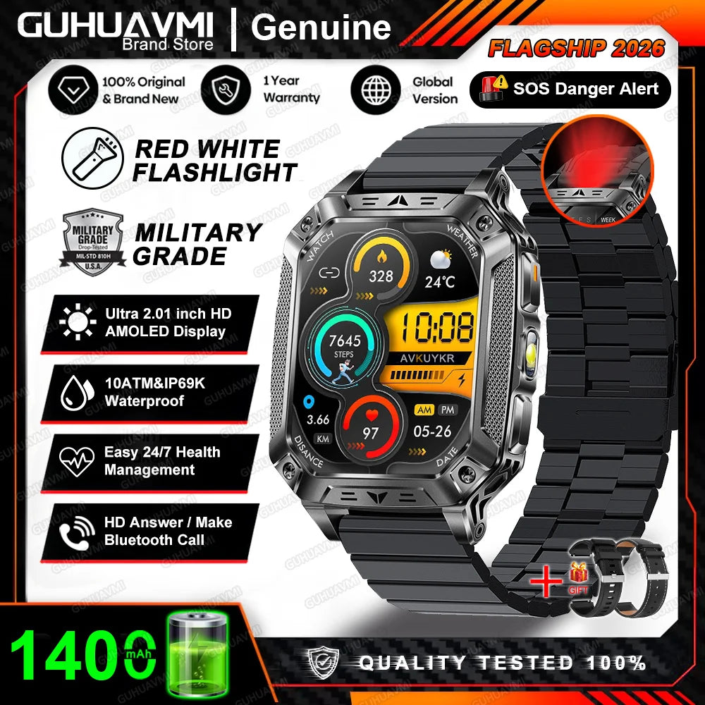 Montre connectée homme 2026 avec batterie ultra-large intégrée de 1400 mAh, GPS extérieur, écran AMOLED de 2,01", étanche 10 ATM, appel BT