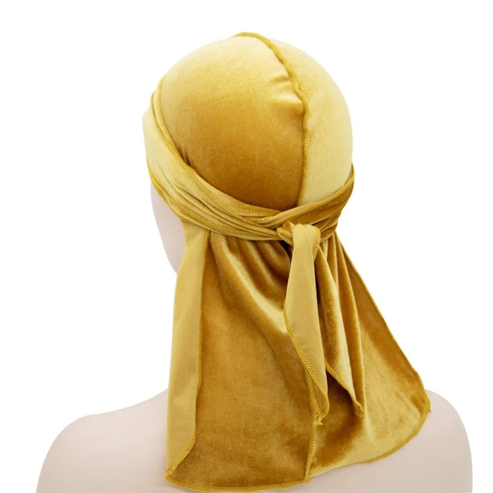 Nouveaux Durags en Velours Casquettes Longue Queue Chapeau Turban Respirant Bandeau Élastique Réglable Accessoires pour Cheveux