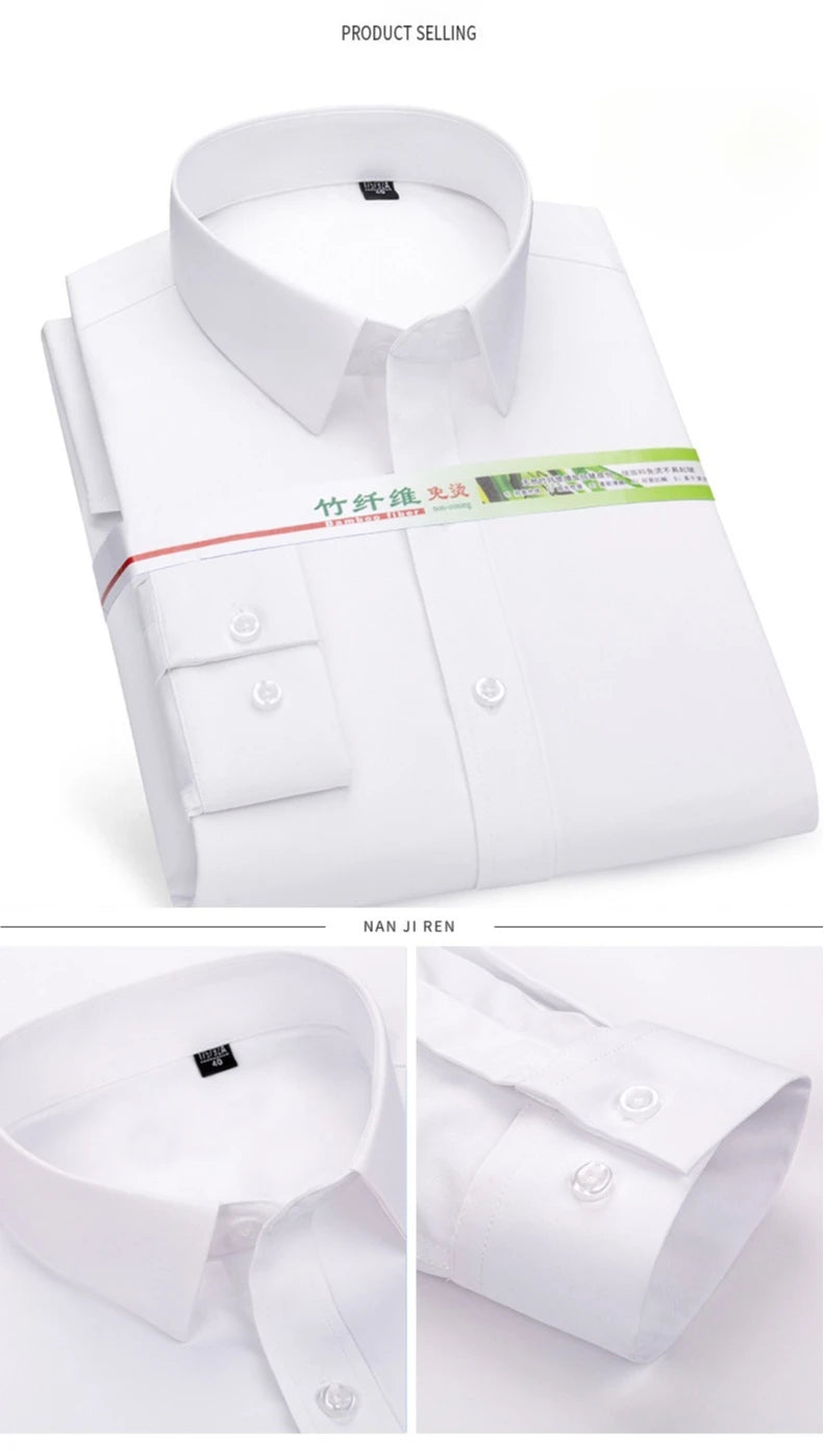 Chemise de Travail Blanche Homme en Fibre de Bambou Bleue 8XL Manches Longues Bureau Affaires Anti-rides Infroissable Décontractée