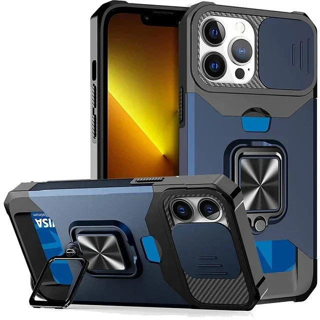 Hülle für iPhone 17 16 15 14 13 12 Pro Max Plus 8 7 Plus Mini Robuster Schutz mit Schiebe-Kameraabdeckung und Kartenclip-Abdeckung