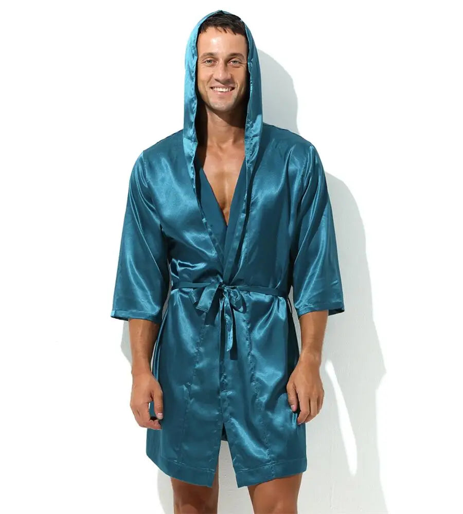 Sexy Nachtwäsche Herren Bademäntel Weich Seidig Kurzarm-Nachthemd Herren Hauskleidung Morgenmantel Herren Schlafanzug (Ohne Shorts)