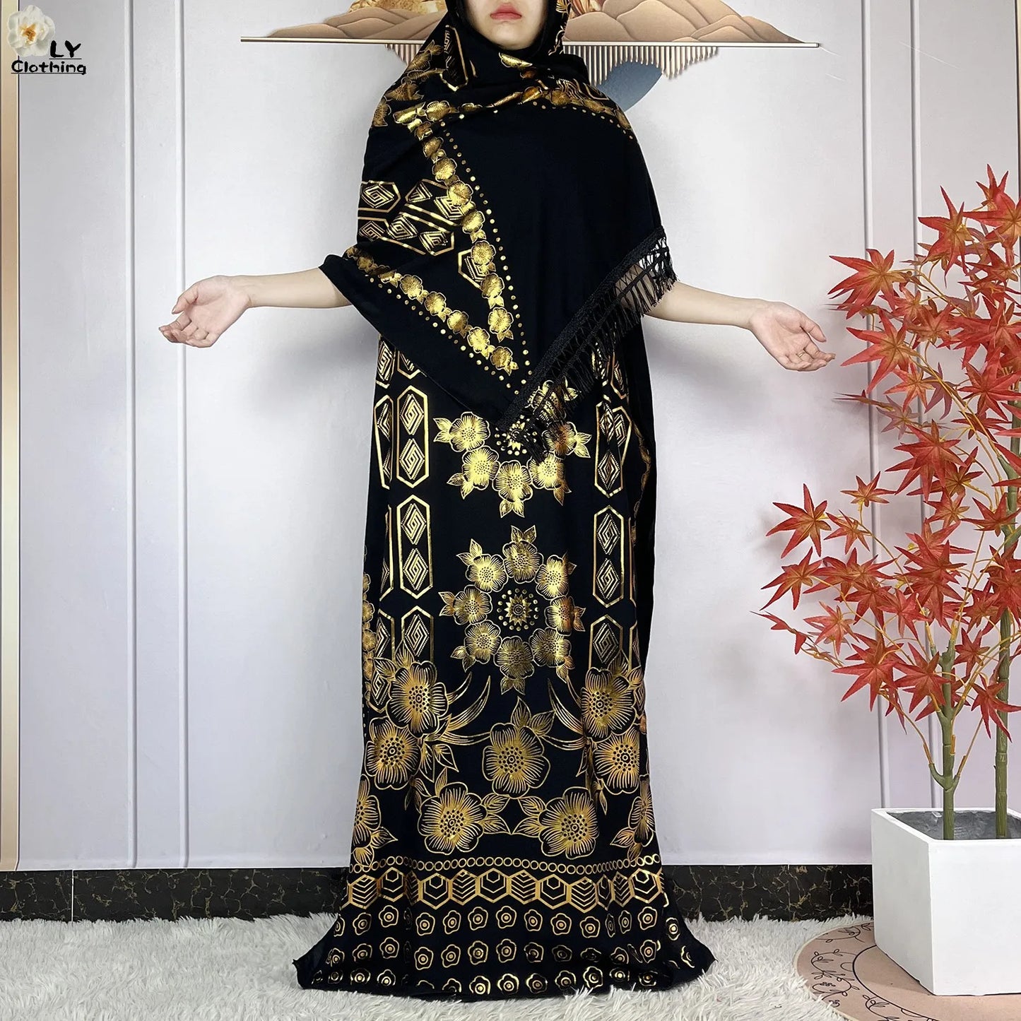 Neues Sommer-Kurzarm-Kleid aus Baumwolle für Damen mit großem Schal Goldprägung Boubou Maxi Islam Damen Afrikanische Abaya Kleidung