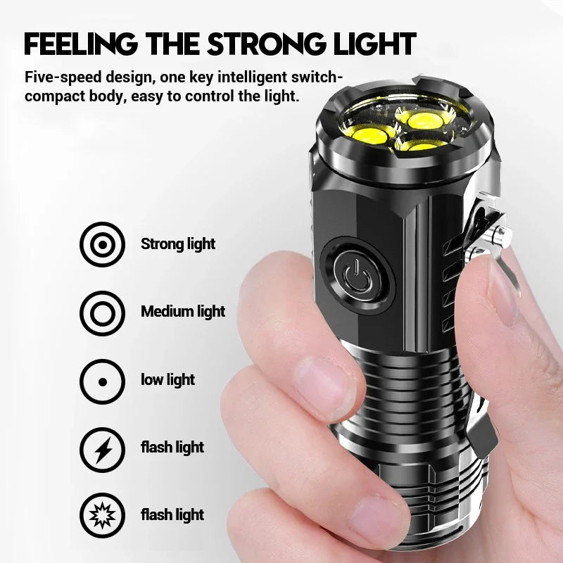 Tragbare Mini-LED-Taschenlampe Leistungsstarke 3*Docht Kleine Taschenlampe USB Wiederaufladbare Starke Lichtlaterne Superhelle Kappenclip-Lampe