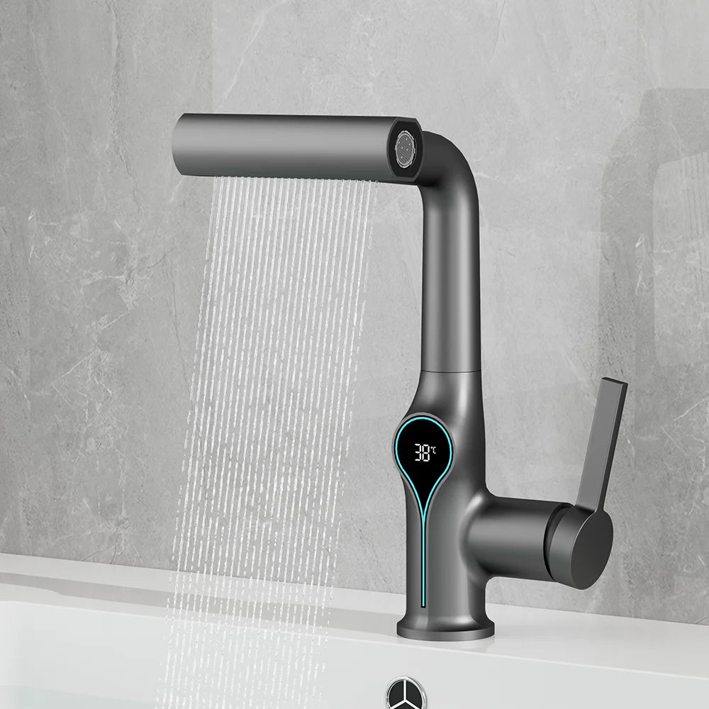 Robinet de lavabo numérique avec affichage de la température Cascade, pulvérisateur à jet relevable haut et bas, mélangeur chaud/froid pour salle de bain
