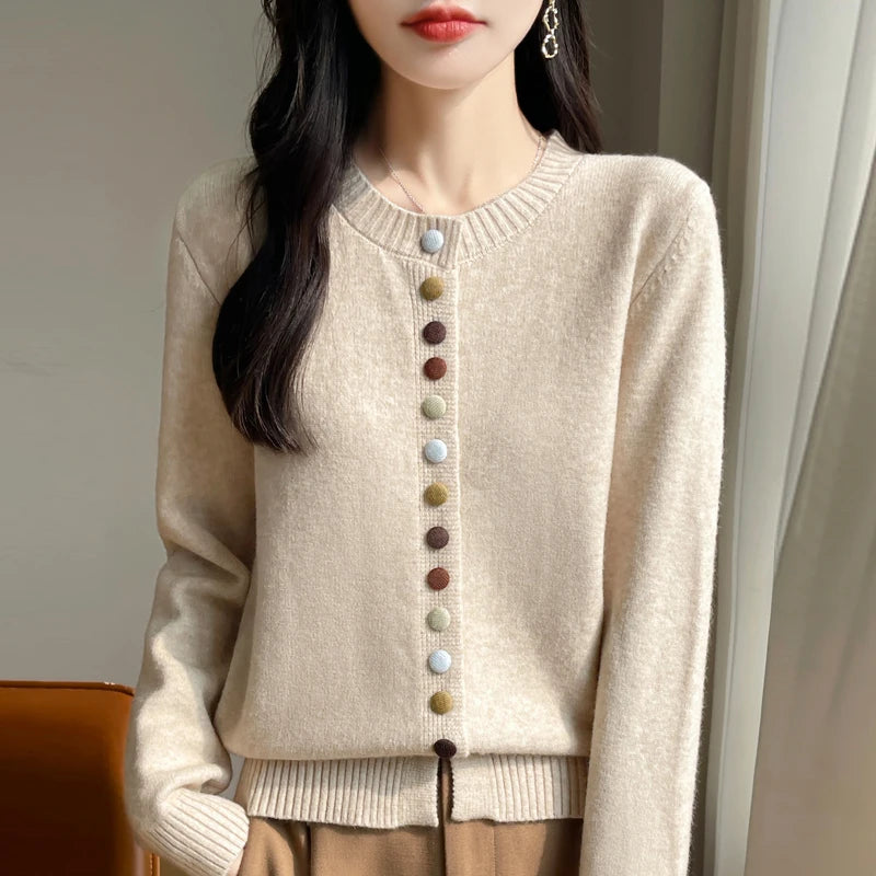 Cardigans Femme, Gilet Tricoté Chaud et Épais Boutonné à Col Rond Manches Longues pour l'Automne et l'Hiver, Haut de Chemise de Base