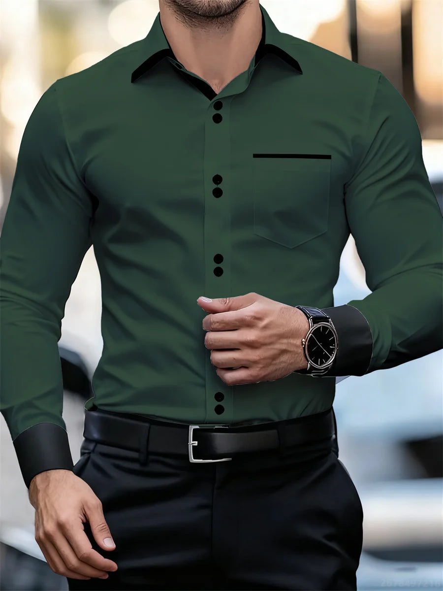 Chemise à manches longues et col color block pour hommes, coupe slim, infroissable, chemise patchwork noire et blanche, haut de mode pour hommes