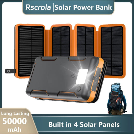 Faltbare Solar Powerbank mit 4 Solarmodulen, 50000mAh Tragbare Solar-Externbatterie Kompatibel mit iOS Android USB-A USB-C