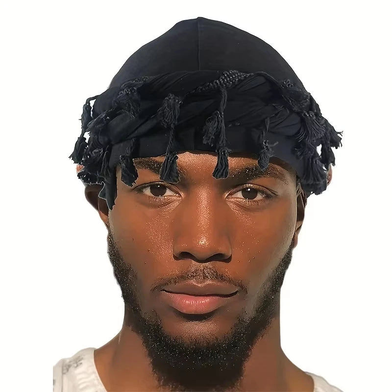 Foulards à enrouler style "Twist" (turban) Durag avec pompon pour hommes - Noir, gris - Foulard turban à nouer - Accessoire cheveux pour garçons, collection 2026