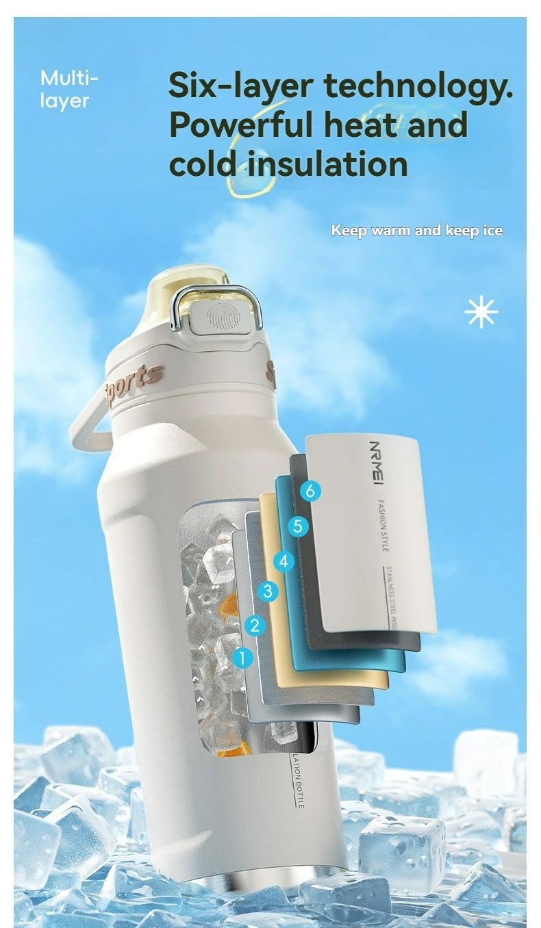 Bouteille d'eau isotherme chaude et froide en acier inoxydable, double paroi portable avec poignée, tasse de sport d'extérieur