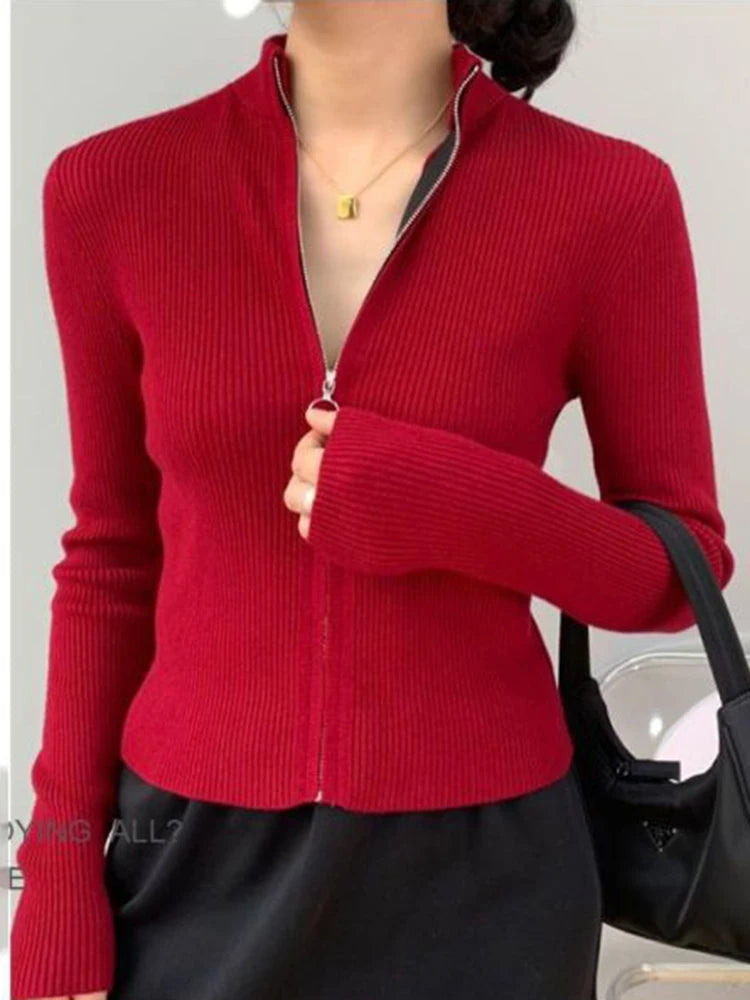 Frühling Herbst Reißverschluss Cardigan Damen Pullover Gestrickt Langarm Stehkragen Oberteile Koreanische Mode Kurzer Pullover für Damen