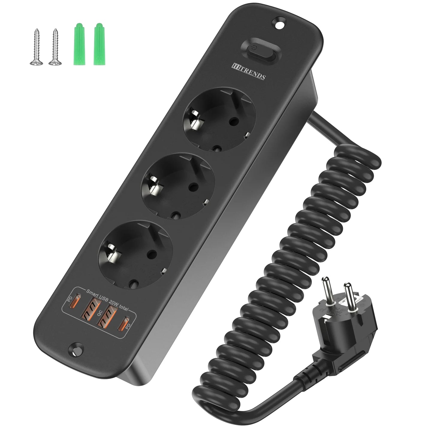 EU-Steckdosenleiste für den Schreibtisch, 3/4-fach + 4 USB-Smart-Schnellladeports, Hauptschalter, 2 Meter Feder-Verlängerungskabel
