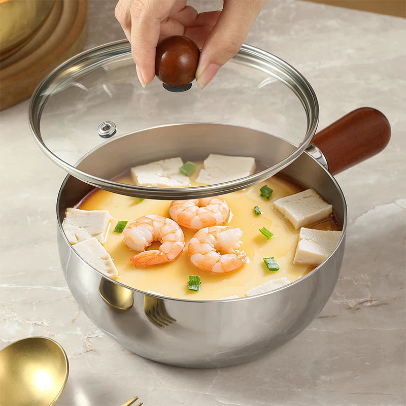 1 mini-casserole en acier inoxydable avec poignée en bois, compacte et multifonctionnelle pour chauffer le lait, frire les œufs, pour la maison et la cuisine