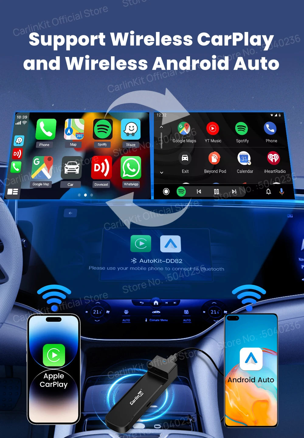 Adaptateur sans fil 3-en-1 CarlinKit FireDrive Link Pro Wireless Android Auto CarPlay HDMI Pour Fire TV Stick Lite/Max/HD Lire des vidéos