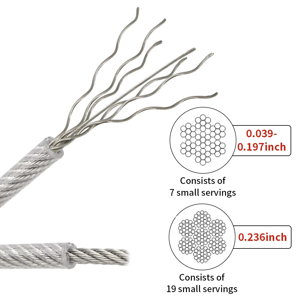 1/1.2/1.5/2/3/4/5mm cable rope, 5-20M PVC transparent coated steel cable rope, 304 stainless steel cable rope