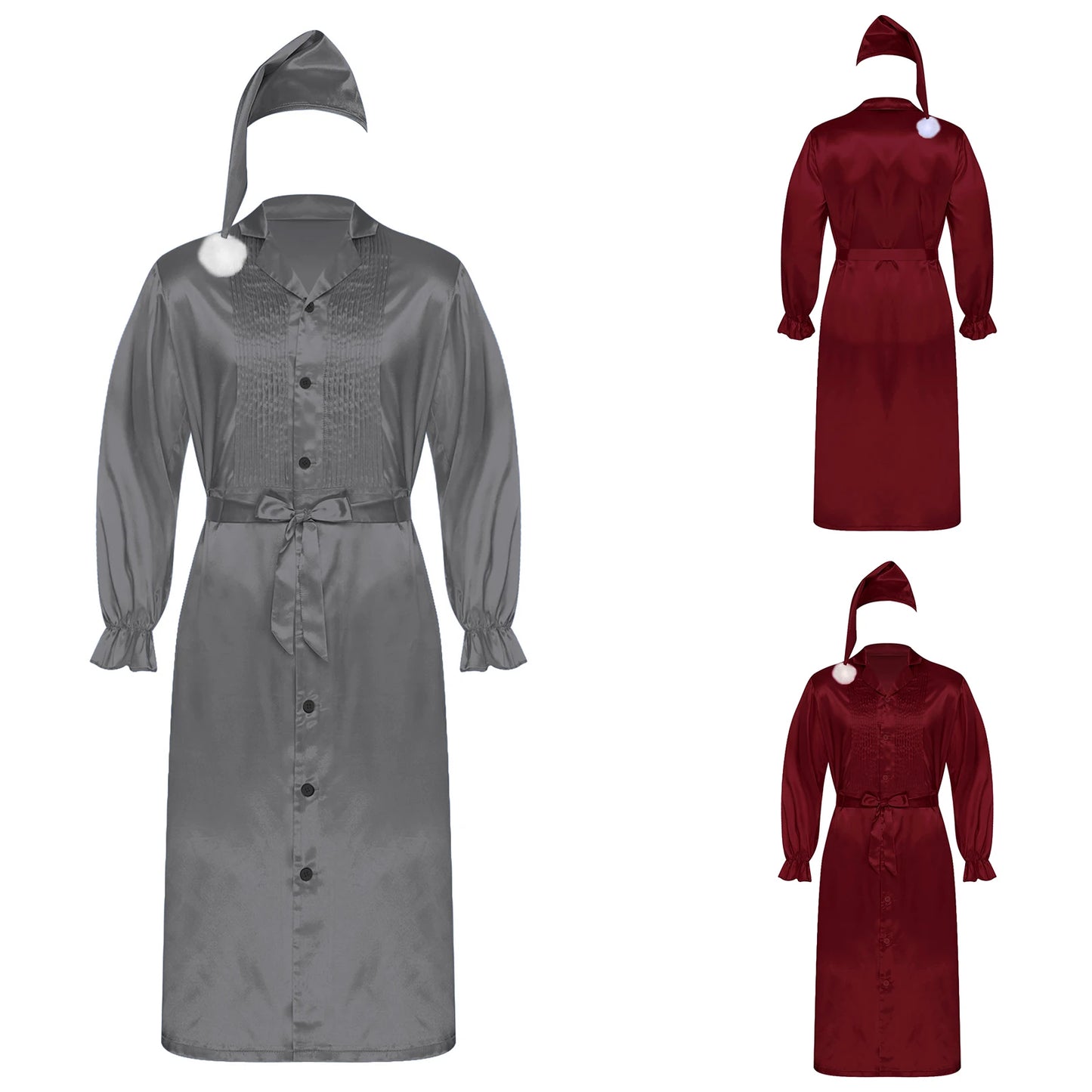 Herren Sissy Pyjama Satin-Nachtwäsche Nachthemd mit Schlafhaube Langarm Rüschenmanschetten Plissierter Brustumhang mit Gürtel Vintage