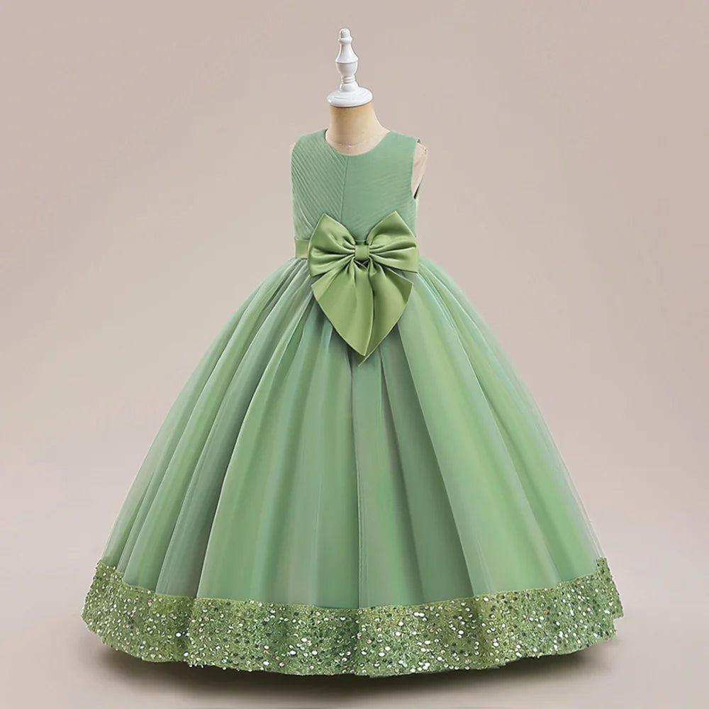 Fluffy Pailletten Brautjungfern Prinzessin Mädchenkleid Elegante Schleife Rosa Hochzeit Abschlussball Abend Kinder Partykleider für Mädchen Geburtstagskostüme