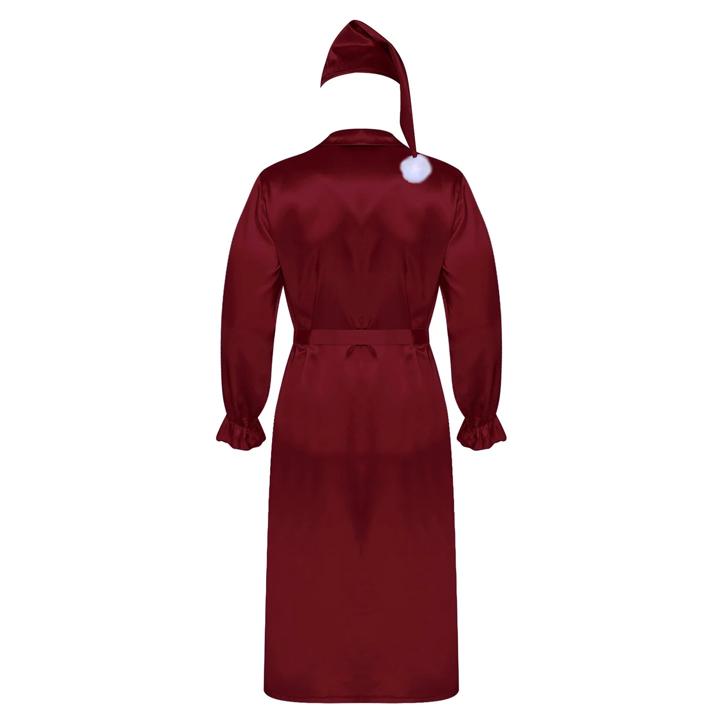 Herren Sissy Pyjama Satin-Nachtwäsche Nachthemd mit Schlafhaube Langarm Rüschenmanschetten Plissierter Brustumhang mit Gürtel Vintage