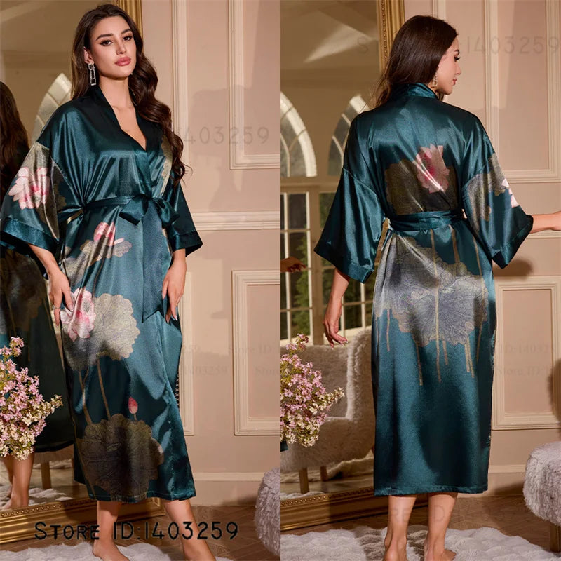 Großer Kimono Bademantel Blütenmuster Langer Morgenmantel Negligé Hauskleidung Frühling Sommer Neue Nachtwäsche Lose Pyjamas