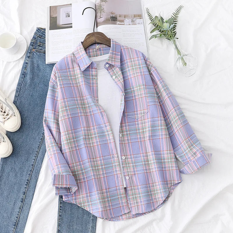 Women's Plaid Shirt 2025 New Ladies Loose Casual Blouse and Tops Fresh College Style Female Long Sleeve Shirts Women Clothes