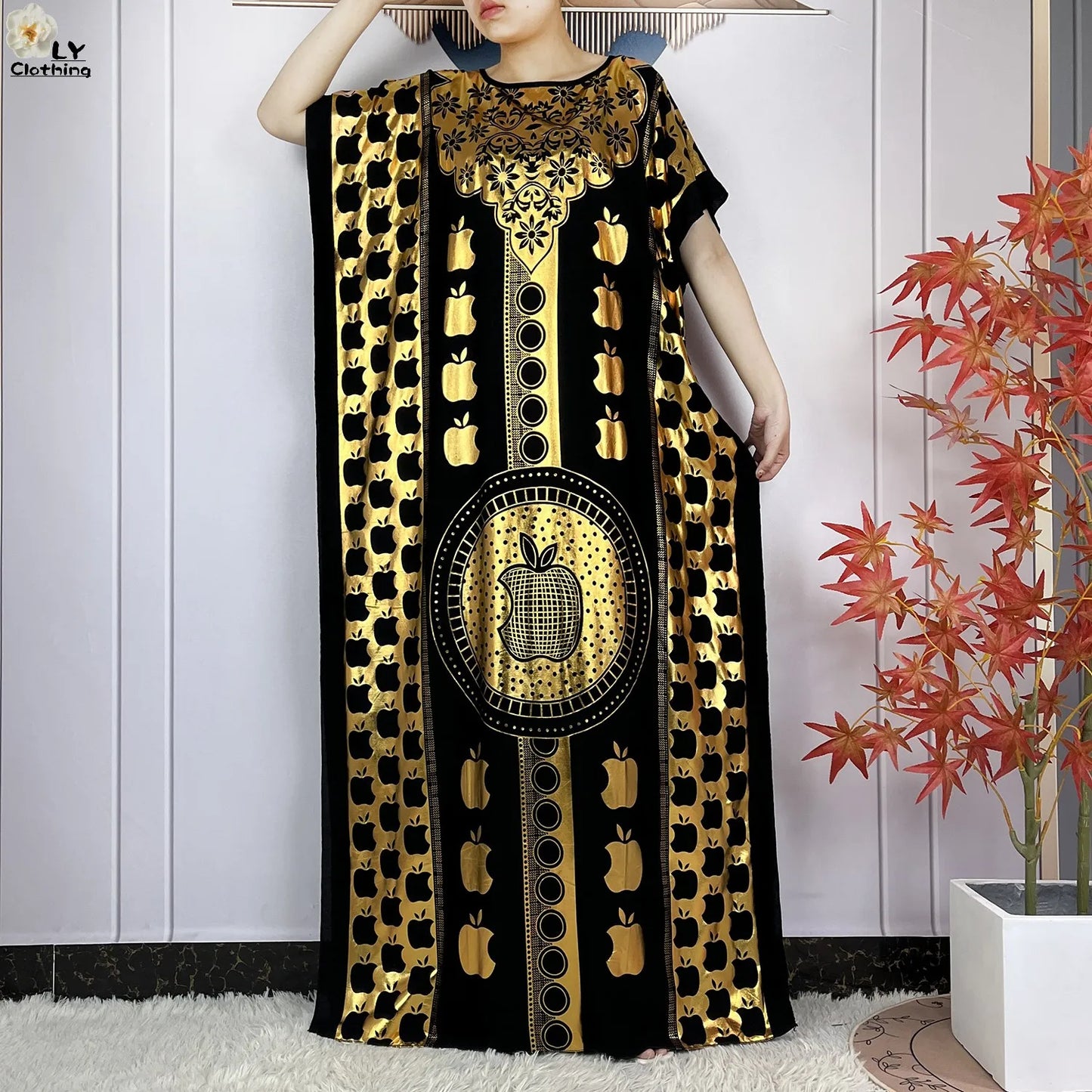 Neues Sommer-Kurzarm-Kleid aus Baumwolle für Damen mit großem Schal Goldprägung Boubou Maxi Islam Damen Afrikanische Abaya Kleidung