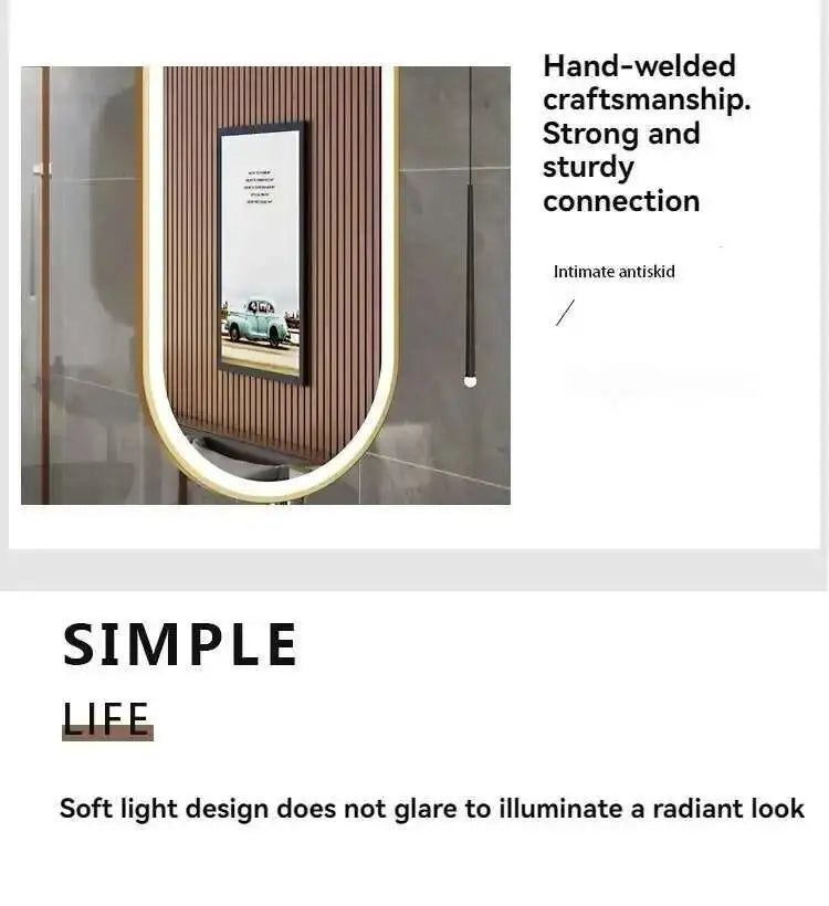 Miroir ovale de salle de bain en métal doré, miroir mural créatif avec LED, miroirs décoratifs, accessoires de décoration intérieure