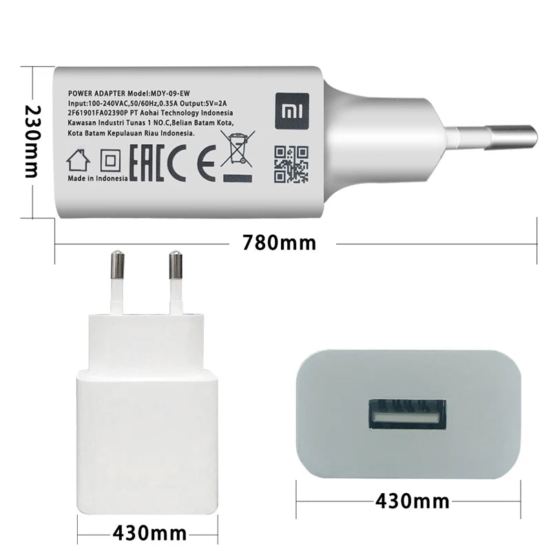 Original Xiaomi Redmi 10A 9A 8A 7A 12C 10W Charger 5V2A EU US Power Adapter USB Type C/Micro Cable For Mi 5 6 7 8 9 POCO C55 C40