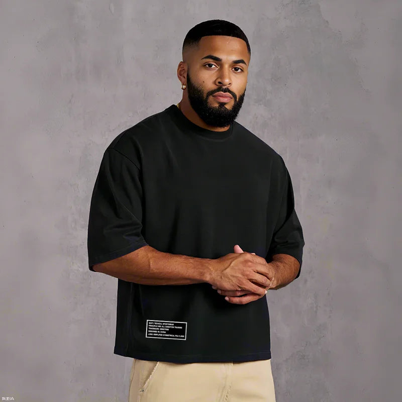 T-shirts de course pour hommes amples et oversize avec épaules tombantes en coton épais à manches courtes, vêtements de sport et de gym décontractés