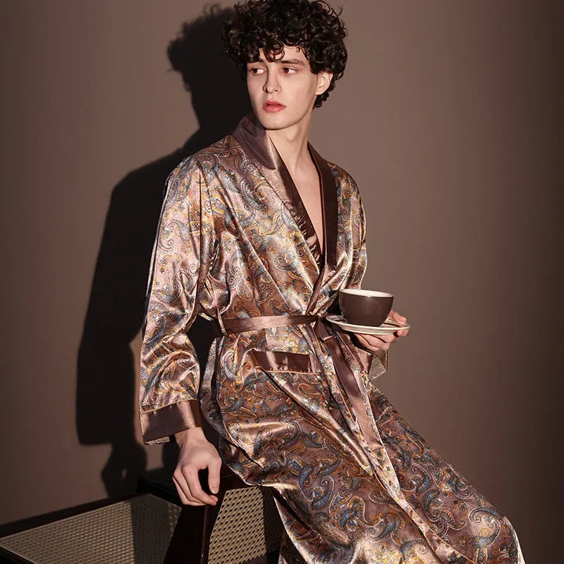 Peignoir d'été fin pour hommes, Robe de nuit de haute qualité, Peignoir une pièce, Vêtements d'intérieur masculins, Pyjama en soie glacée imprimé de grande taille pour homme, printemps
