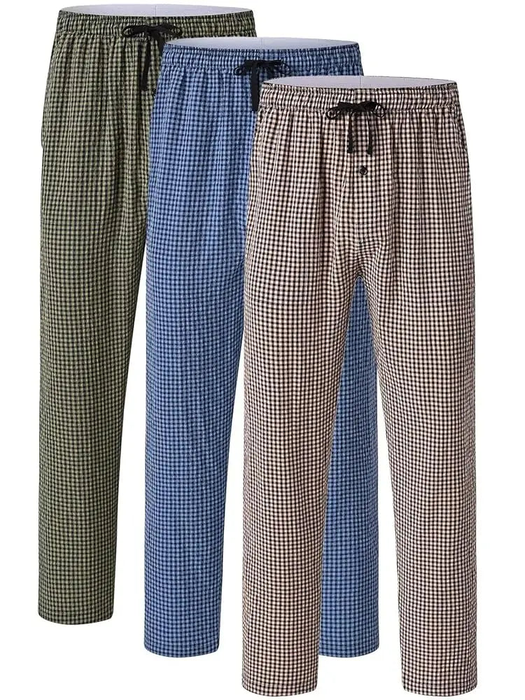 Pyjama Homme 3 Pièces Coton Carreaux, Pantalon de Pyjama Long Carreaux avec Taille Élastique pour Homme