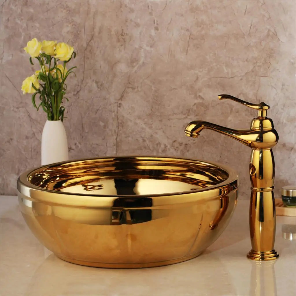 Lavabo de salle de bain KEMAIDI en céramique doré avec robinet Lavabos de salle de bain en porcelaine à poser sur le comptoir Lavabos de luxe pour salles de bain