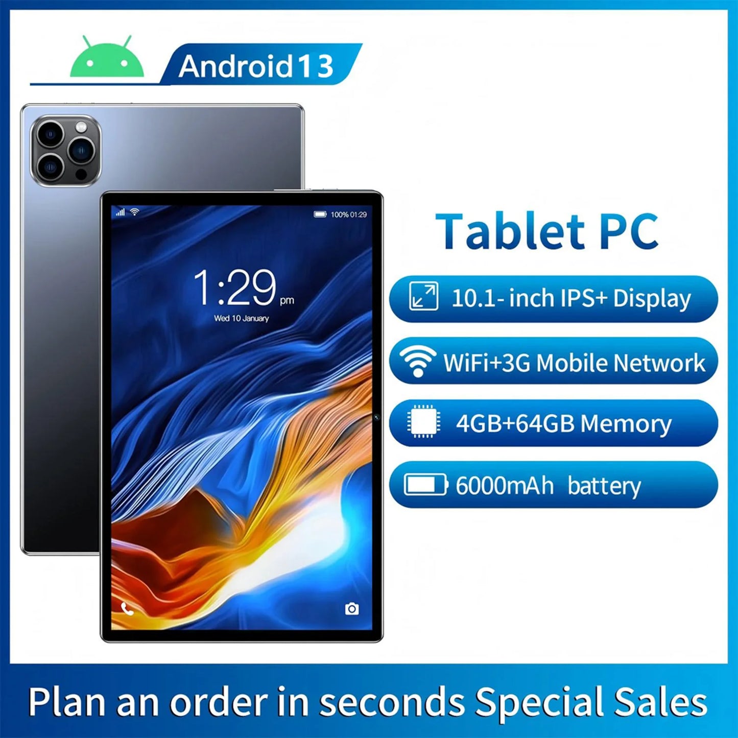 Neues 10,1-Zoll-Lern-Tablet, Octa-Core, Dual-SIM, 4 GB RAM, 64 GB ROM, 3G-Telefonie, Bluetooth, WiFi, Google Tablet PC, 6000 mAh