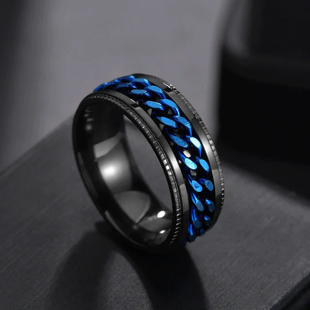 Western Fashion Simple Design Rotatable Chain Ring Silver Black Gold Color Titanium Steel Rings For Men Women