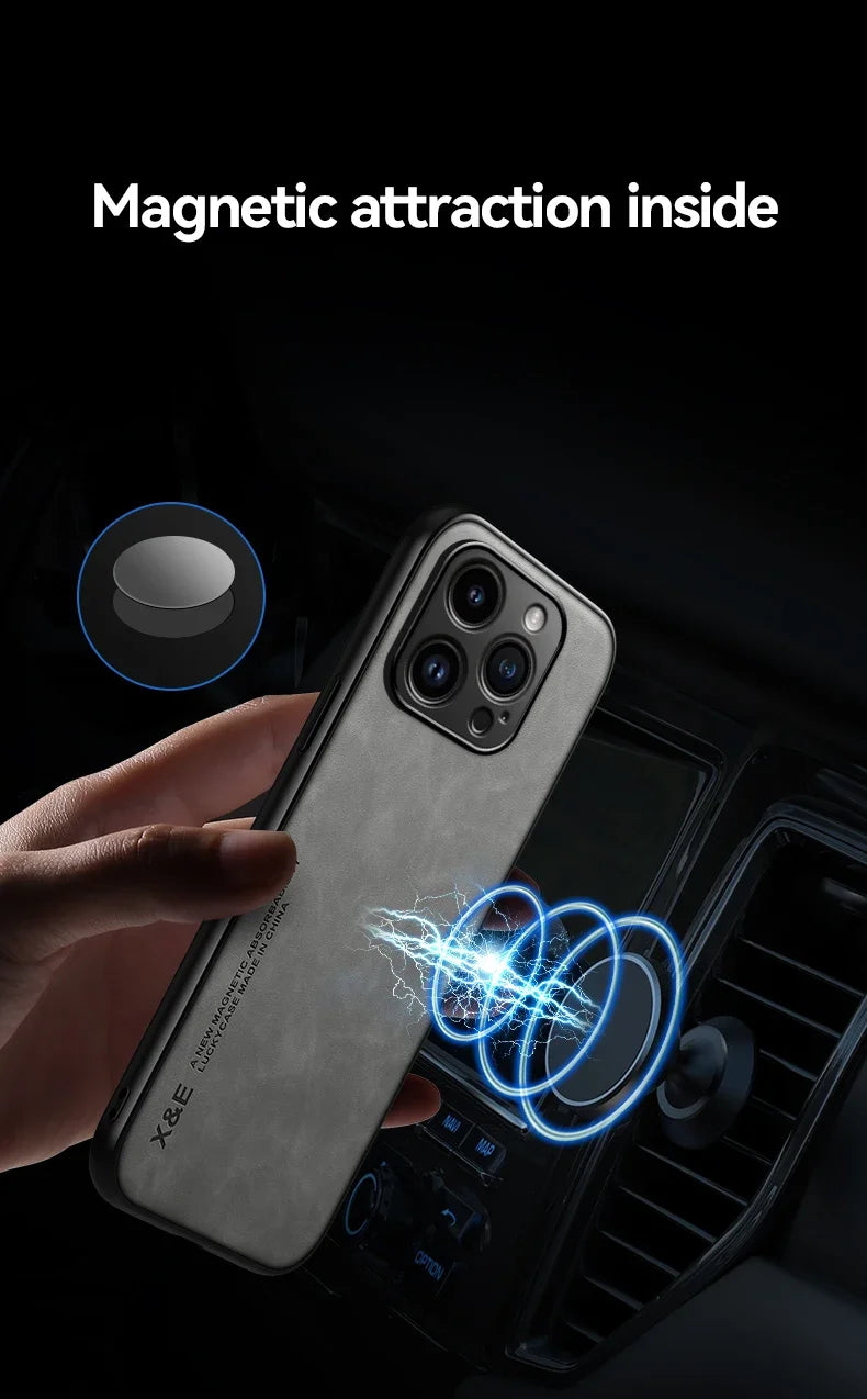 Étui en cuir de luxe pour iPhone 17 16 16e 15 14 13 12 11 Pro Max Plus 12 13 Mini SE 8 7 Housse avec plaque métallique support voiture