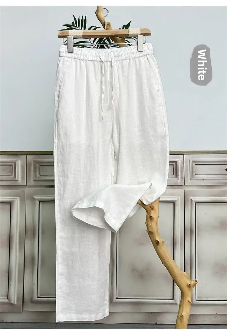 Hochwertige reine Leinenhose für Herren Sommer Baumwoll-Leinen Loose Straight Leg Freizeit lange Hose Frühling Herbst Bequem Atmungsaktiv