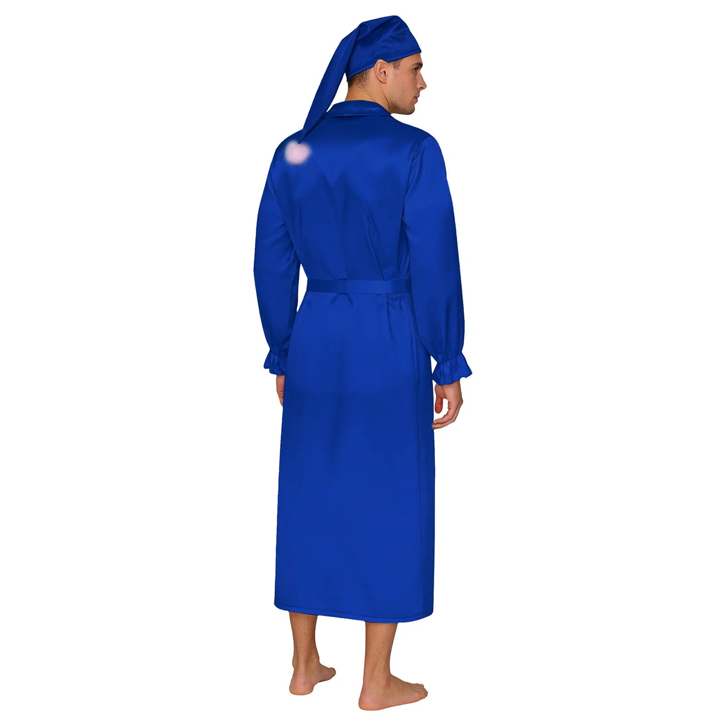 Herren Sissy Pyjama Satin-Nachtwäsche Nachthemd mit Schlafhaube Langarm Rüschenmanschetten Plissierter Brustumhang mit Gürtel Vintage
