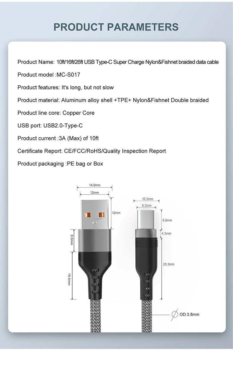 USB Type C 6A Super- Charging Cable For Huawei USB C Extended 1m 2m 3m 5m 8-Meter Cable For Xiaomi Vivo Leeco OnePlus Oppo