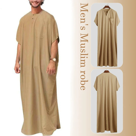 Men's Short Sleeve Muslim Kaftan Robes Leisure Loose Muslim Clothing Summer Islamic Arabic Clothes Kaftan Middle East Countries