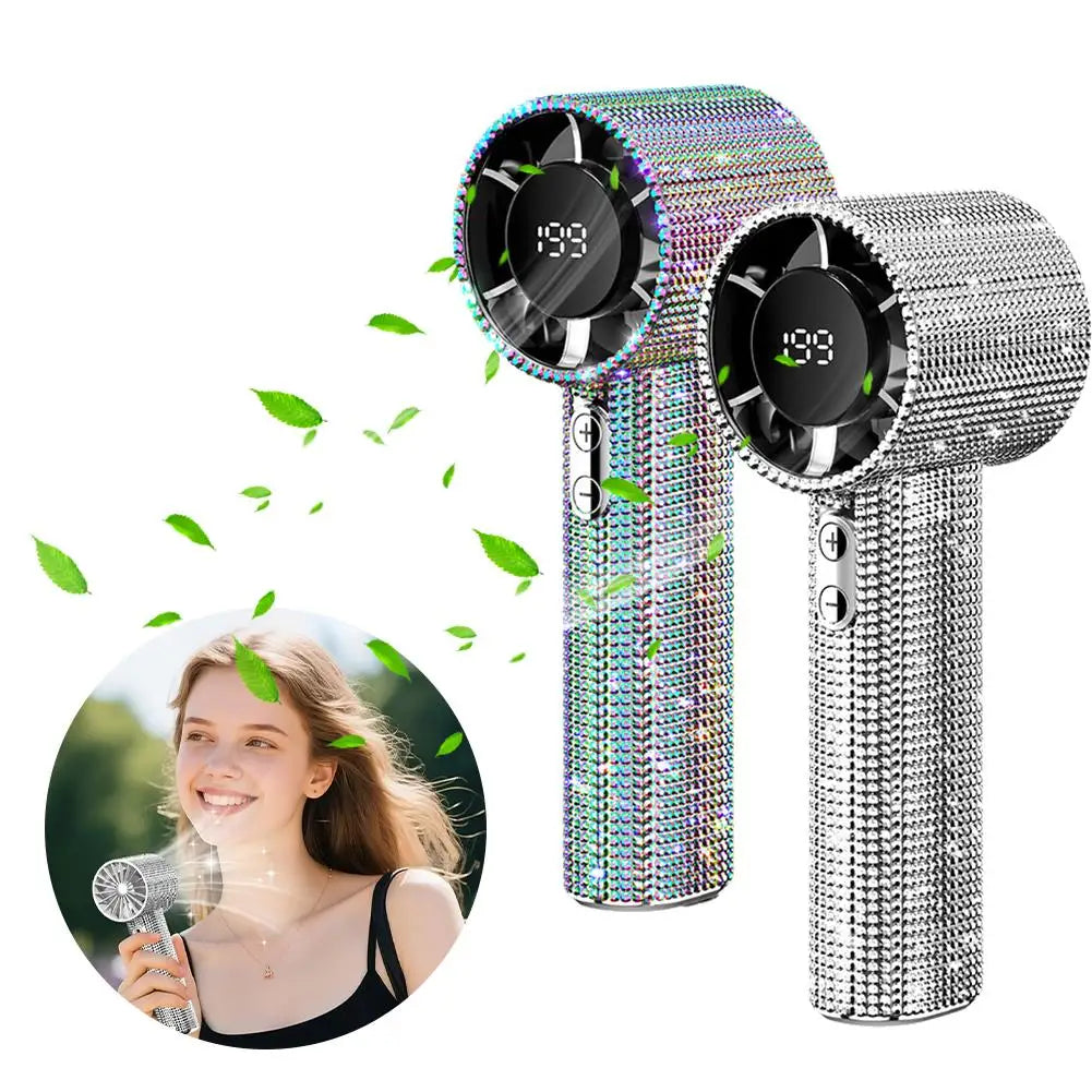1 Stück Luxus Diamant Handheld Mini-Ventilator 199-Gang einstellbar Tragbarer Handheld Turbo-Ventilator Outdoor Digitalanzeige Elektrischer Ventilator