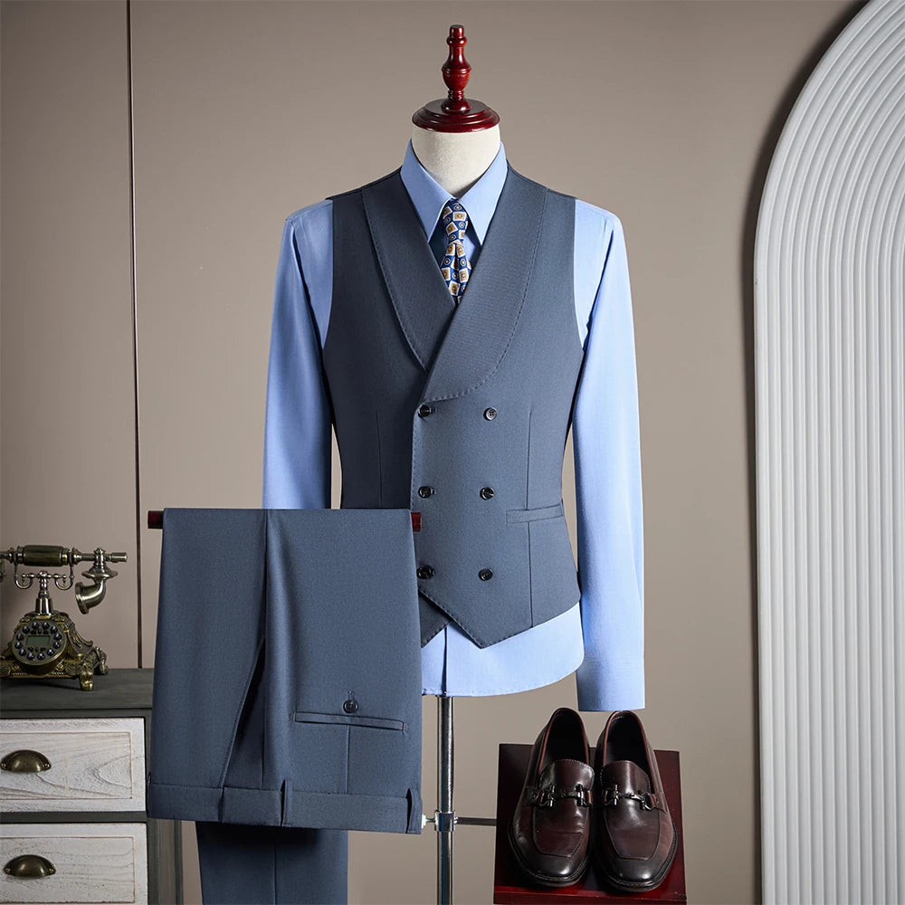 Ensemble de costume trois pièces en laine haut de gamme pour homme, élégant et décontracté, de couleur unie, idéal pour banquets et mariages.