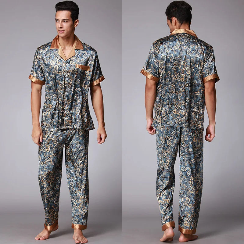 Eisseide Bademantel Herren Freizeitkleidung Hausanzug Bedrucktes Hemd & Hose Sommer Herbst Neuer Bademantel mit Tasche Lockere Nachtwäsche Loungekleidung