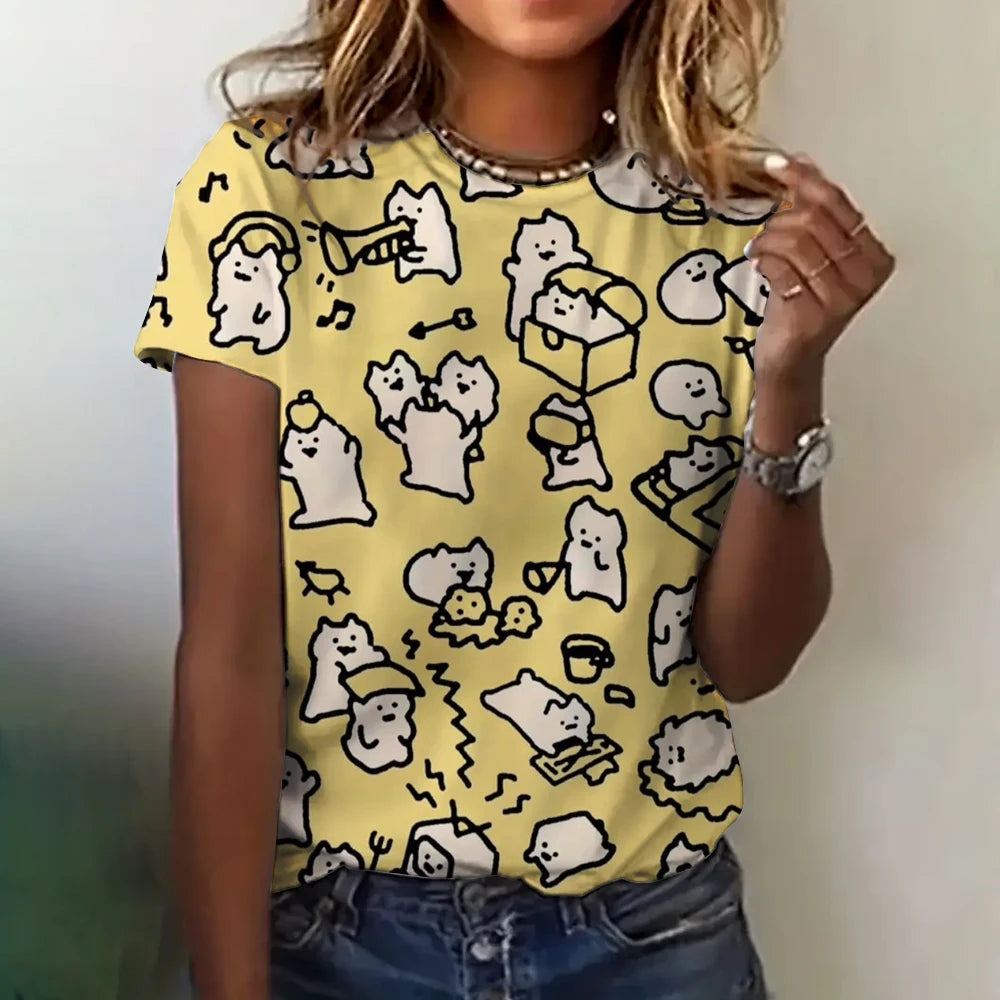 T-shirt Femme Impression 3D Chat Vêtements Été Col Rond Mode Manches Courtes Élégant Décontracté Haut Ample T-shirt Vêtements Femme