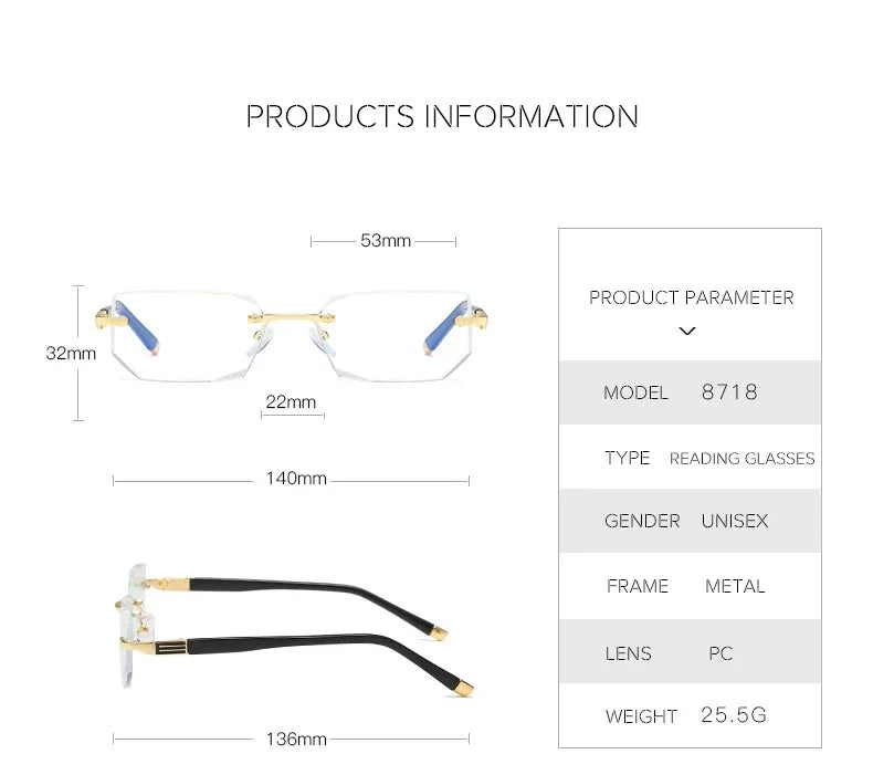 Herren quadratische Lesebrille Business HD-Gläser Randlose Brille Damen Trendige Presbyopie Korrektionsbrille +1.0 bis +4.0