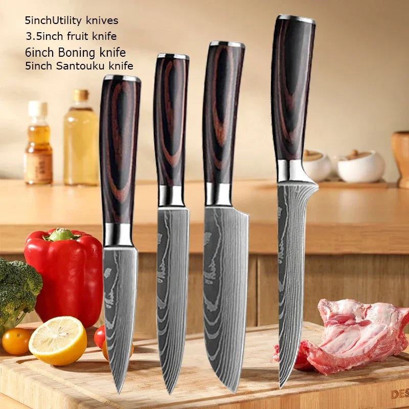 Couteau de Chef Damas Ensemble de Couteaux de Cuisine Professionnels Couteau à Désosser Couteau de Boucher Couteau Utilitaire Couteau Santoku Japonais avec Housse