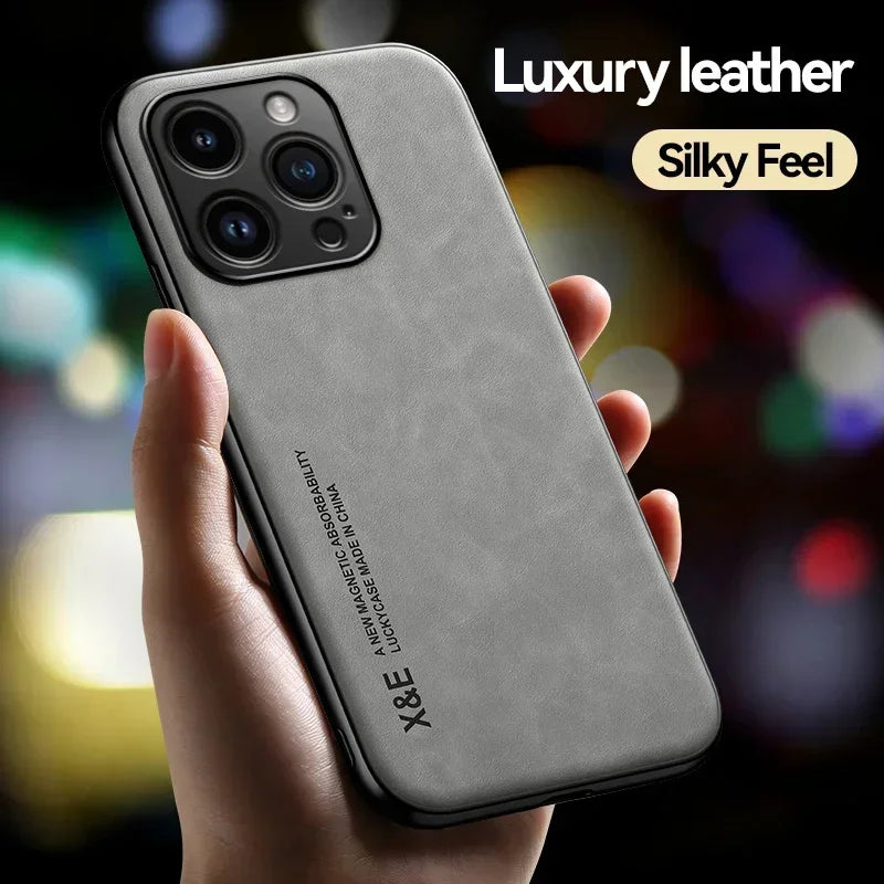 Étui en cuir de luxe pour iPhone 17 16 16e 15 14 13 12 11 Pro Max Plus 12 13 Mini SE 8 7 Housse avec plaque métallique support voiture