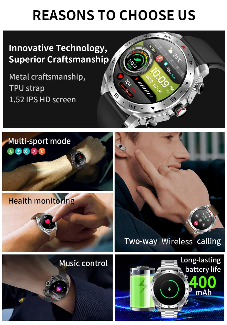 LIGE Avec écouteurs Bluetooth Casque Smartwatch Femme Moniteur d'activité Montre de sport Homme Étanche Montre intelligente Écran AMOLED